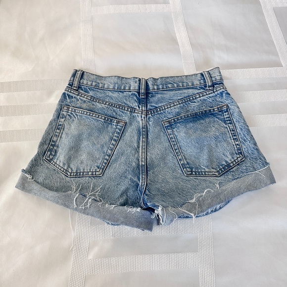 Reformation high rise denim jean shorts with bottom cuff; washed medium blue